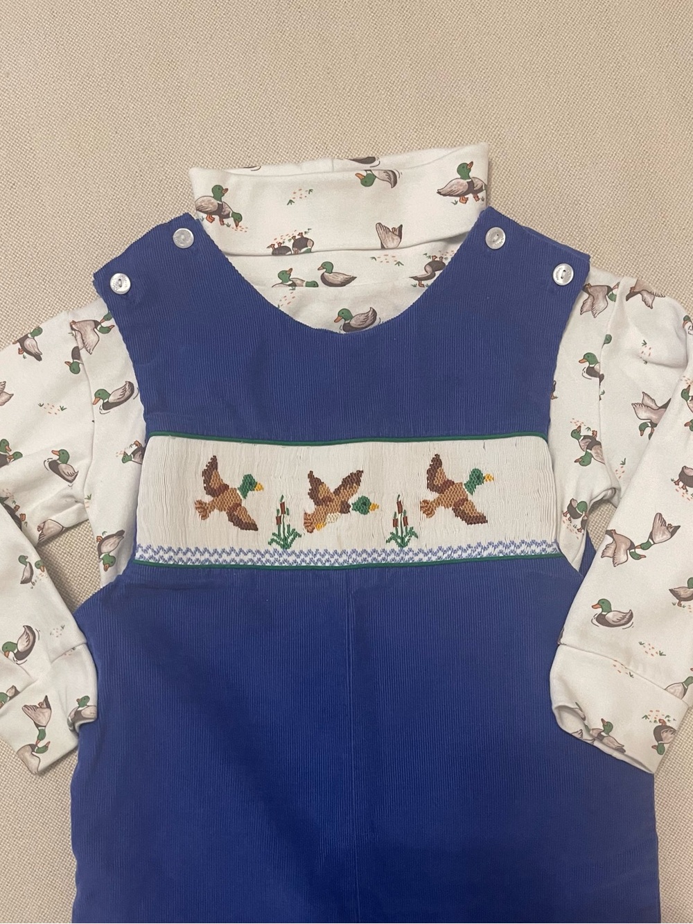 Velani Blue Corduroy John John with smocked Duck Design with matching top